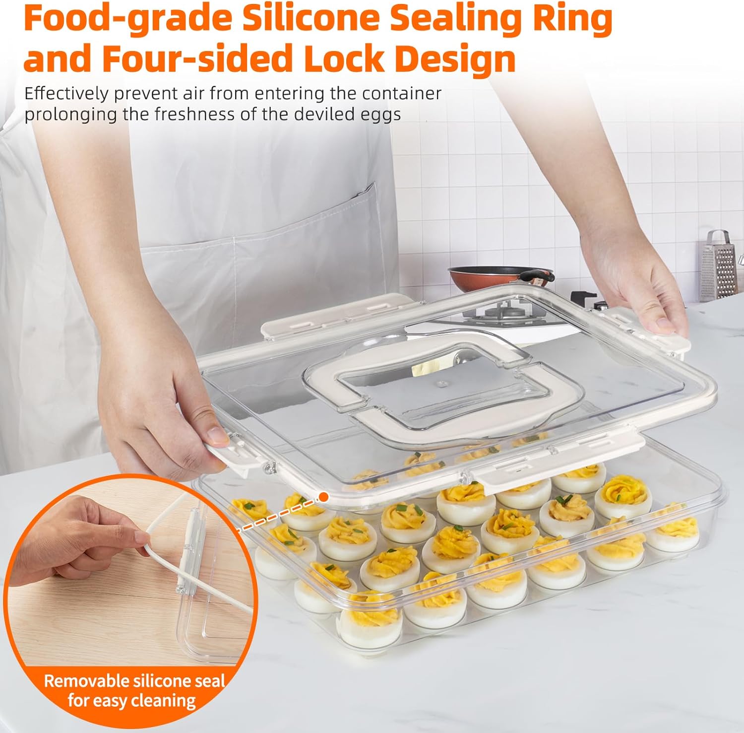 2 Pack Deviled Egg Containers with Lid and Handle, Durable Clear Plastic Deviled Egg Carrier Storage 48 Eggs, Stackable Egg Holder for Fridge, Portable Tray Platter for Party & Picnics-White